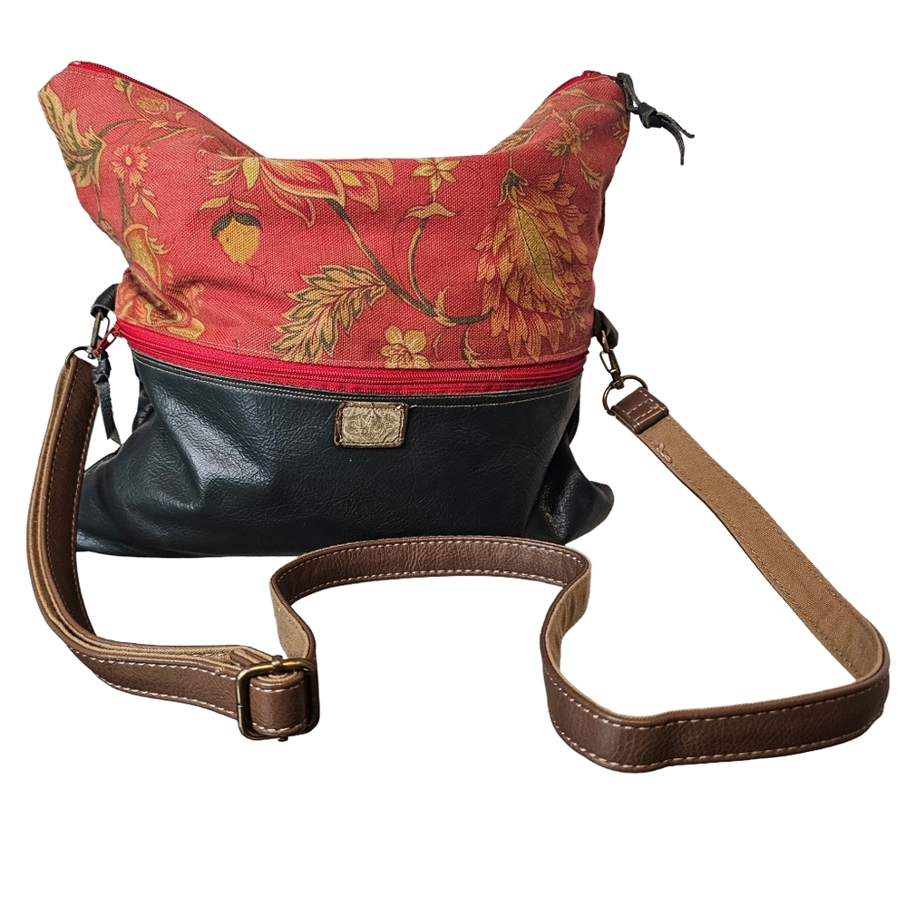 Tapestry Floral Canvas Soft Genuine Leather Fold-Over Vintage Crossbody Bag